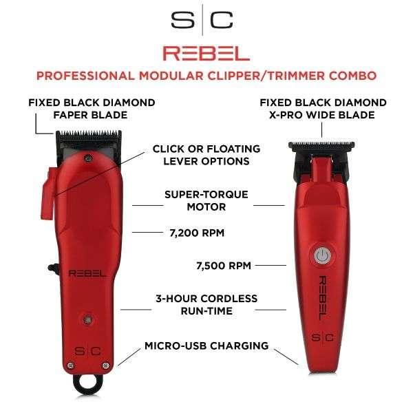 Stylecraft Rebel Professional Super-Torque Cordless Hair Clipper and Trimmer Combo Set SC203R