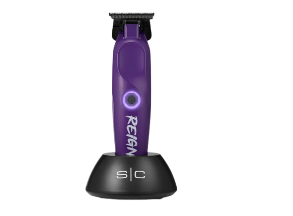 Purple hair trimmer with 'Reign' branding on a white background