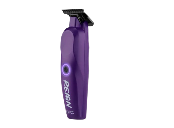 Purple grooming tool with 'Reign' branding on a white background