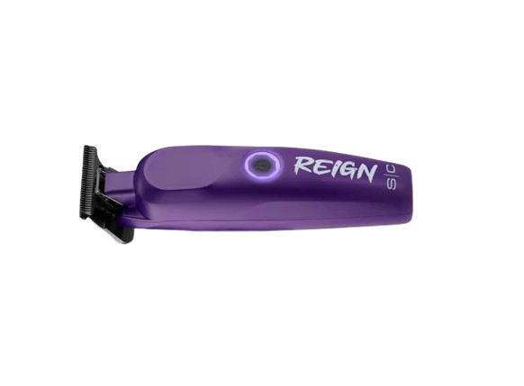 Purple hair trimmer with 'REIGN' branding on a white background