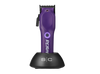Purple hair clipper with a black stand on a white background