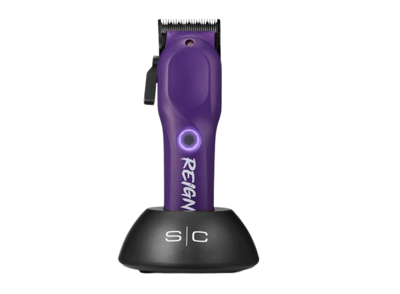 Purple hair clipper with a black stand on a white background