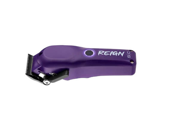 Purple hair clipper with 'Reign' branding on a white background