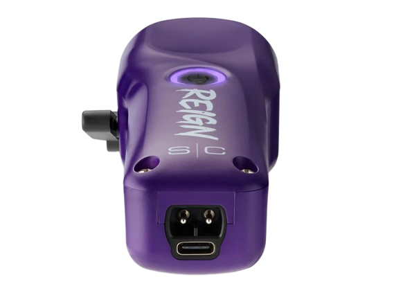 Purple electronic device with 'Reign' branding on a white background