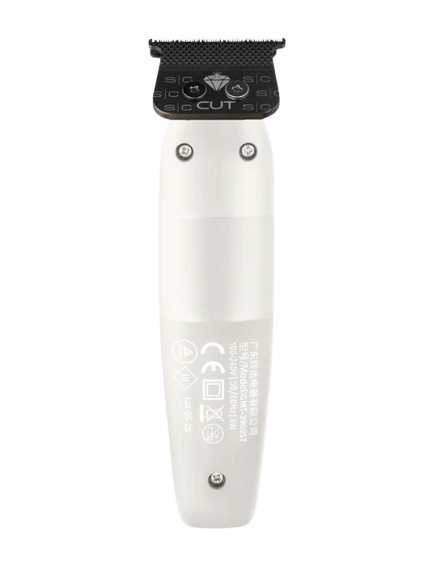 White hair trimmer with black top on a white background