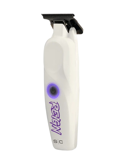 White grooming tool with purple logo on a white background