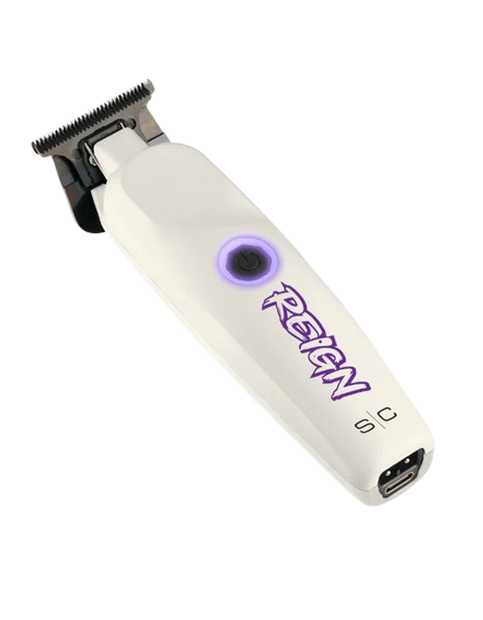 White grooming clipper with purple logo on a white background