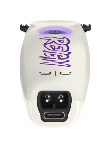 White electronic device with purple 'Reign' branding on a white background