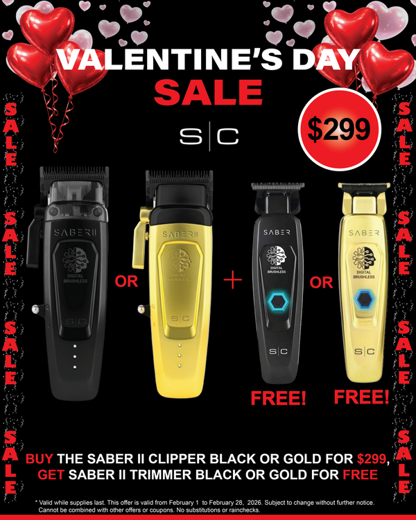 Valentine's Day sale advertisement for Saber II clippers and trimmers with promotional pricing and free items.