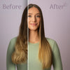 Before and after comparison of a woman with long hair, wearing a green top against a purple background.