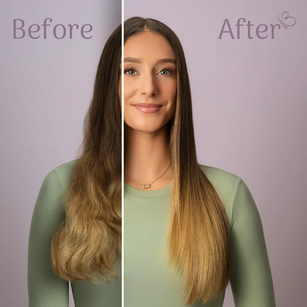 Before and after comparison of a woman with long hair, wearing a green top against a purple background.