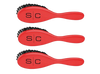 Three red hairbrushes with black bristles, arranged vertically on a plain white background. Each brush has a black 's/c' logo on the side.