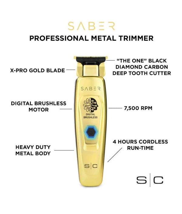 Stylecraft Saber - Professional Full Metal Body Digital Brushless Motor Cordless Hair Trimmer - Gold SC405G