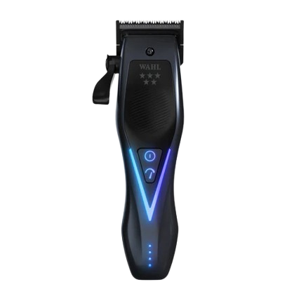 Black Wahl vapor switch cordless hair clipper with blue LED lighting accents on the handle, shown against a plain white background.
