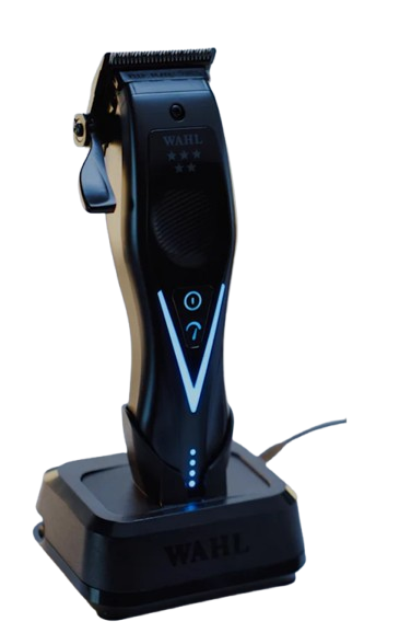 Black Wahl vapor switch cordless clipper standing on a matching black charging dock against a white background.