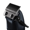 A close-up of a black and dark gray electric hair clipper head with a comb guard attachment, showing the clipper teeth, adjustment screws, and a black lever on a plain white background.