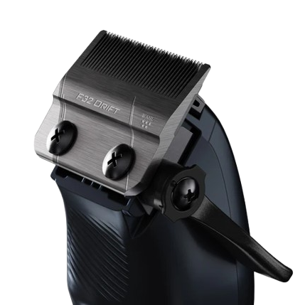 A close-up of a black and dark gray electric hair clipper head with a comb guard attachment, showing the clipper teeth, adjustment screws, and a black lever on a plain white background.