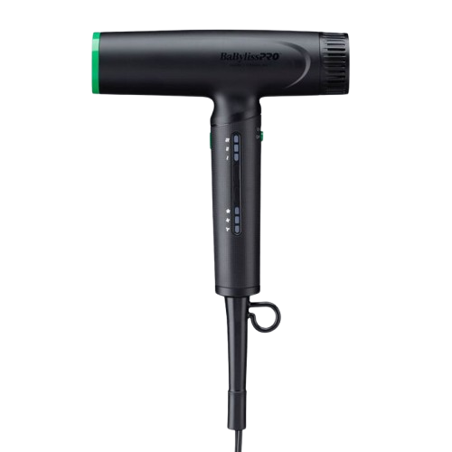 Black hair dryer with green accent on a white background