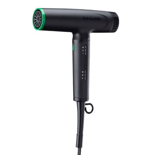 Black hair dryer with green accents on a white background