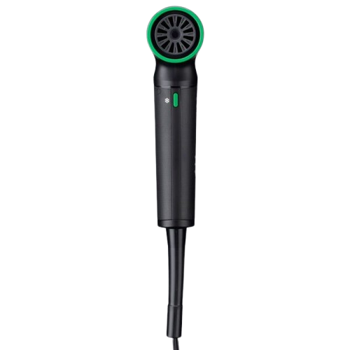 Black hair dryer with green accents on a white background