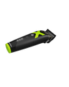 Black and green hair trimmer on a white background