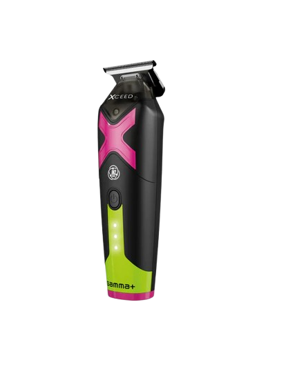 Hair trimmer with pink and green design on a white background